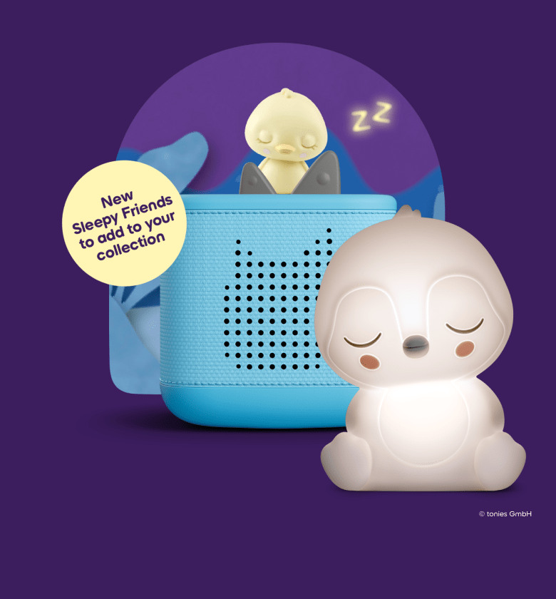 Sleepy Friend Duck Tonie on a blue Toniebox 2 with a Sleepy Penguin Night Light Tonie next to it