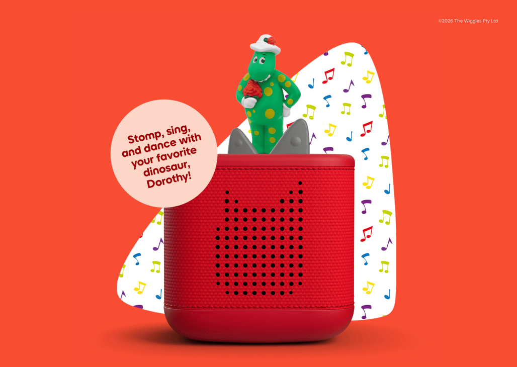 The Wiggles: Dorothy The Dinosaur Tonie on a red Toniebox 2 with text 'Stomp, sing, and dance with your favorite dinosaur Dorothy'
