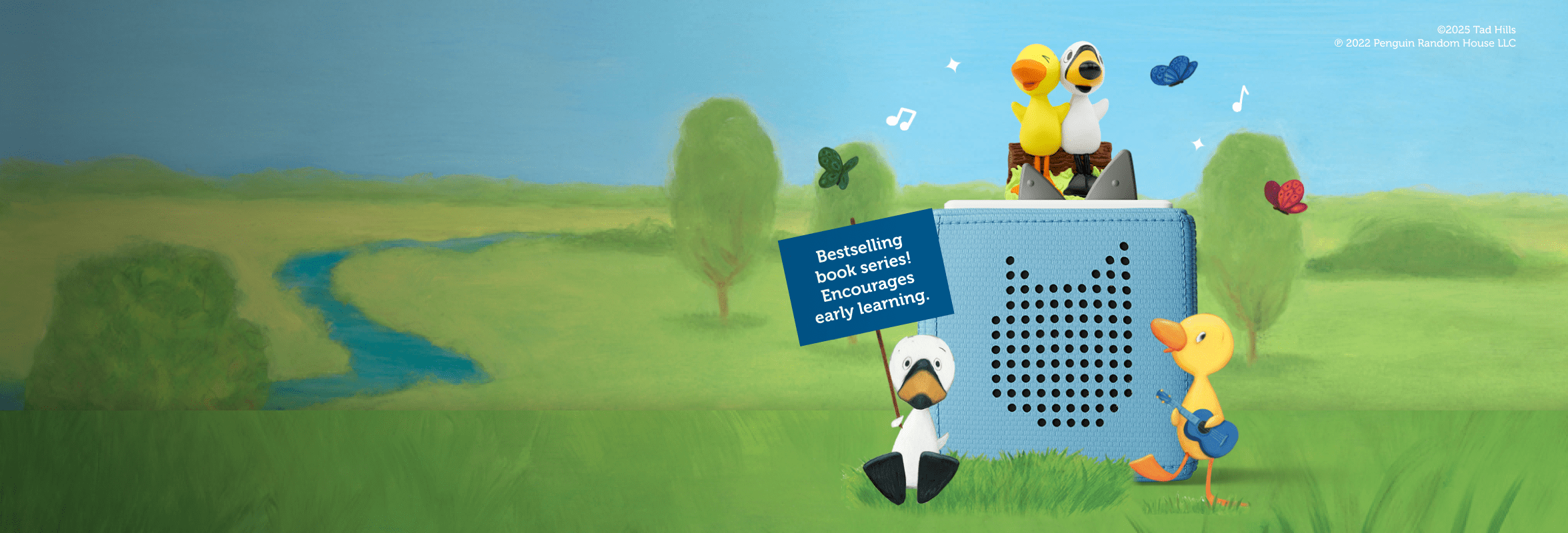 duck & goose tonie on a blue toniebox with grassy field outdoor illustration
