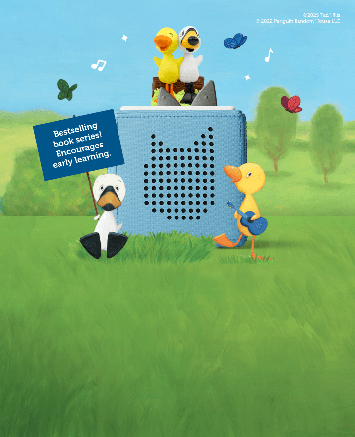 duck & goose tonie on a blue toniebox with grassy field outdoor illustration