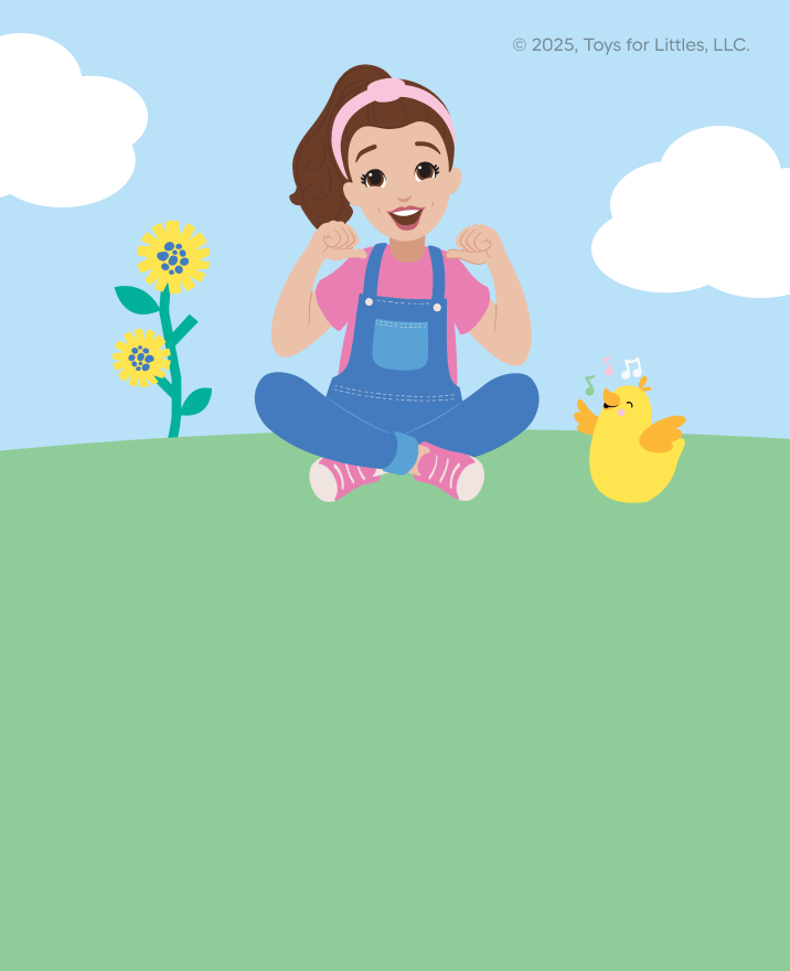 Ms Rachel on a blue toniebox with nature and music note illustrations