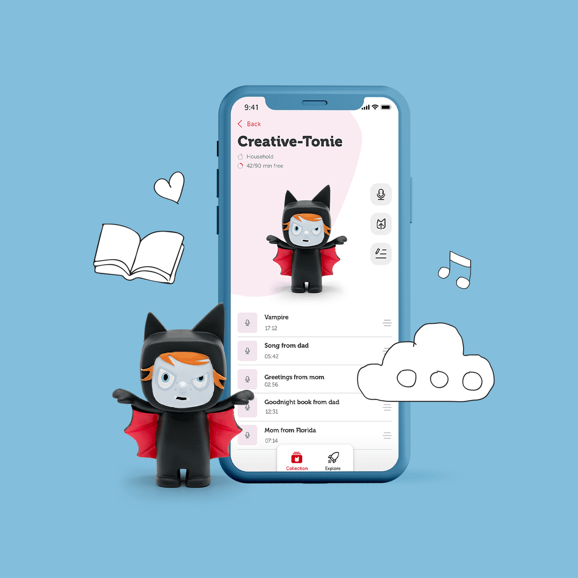 Vampire Creative Tonie along with mytonies page showing screen to record content