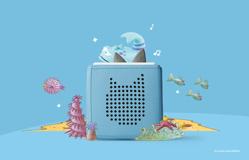 pout pout fish tonie on a blue toniebox with ocean doodles