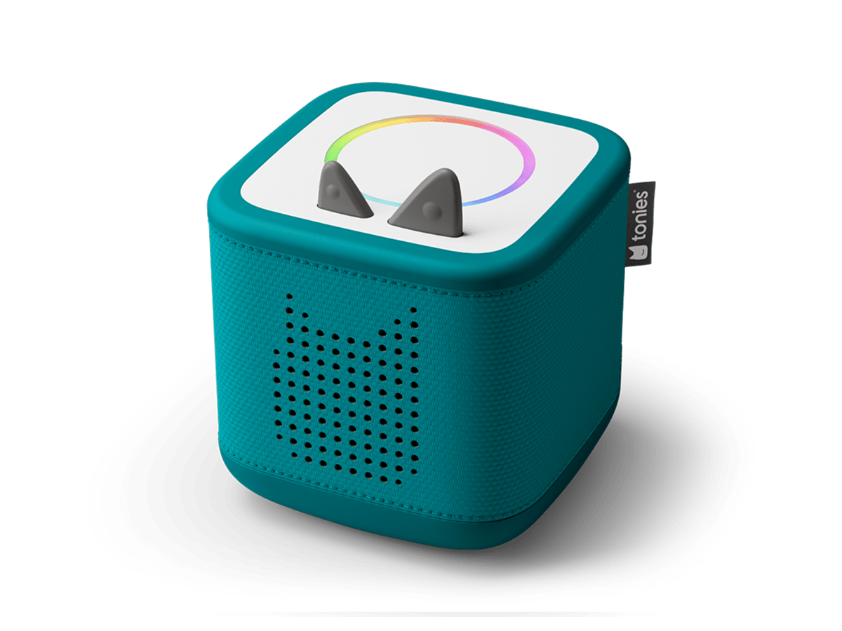 Tilted view of tropical teal Toniebox 2 an audio player for kids, used with Tonie audio figurines and Tonieplay games