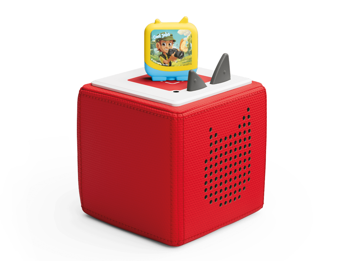 Full view of a Cool Jobs Wildlife Photographer and Doctor Clever Tonieon a Red Toniebox