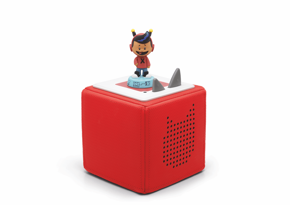 Full View of Xavier Riddle Tonie on a red Toniebox