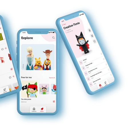 Multiple screens from mytonies app including Collection page and screen for recording content