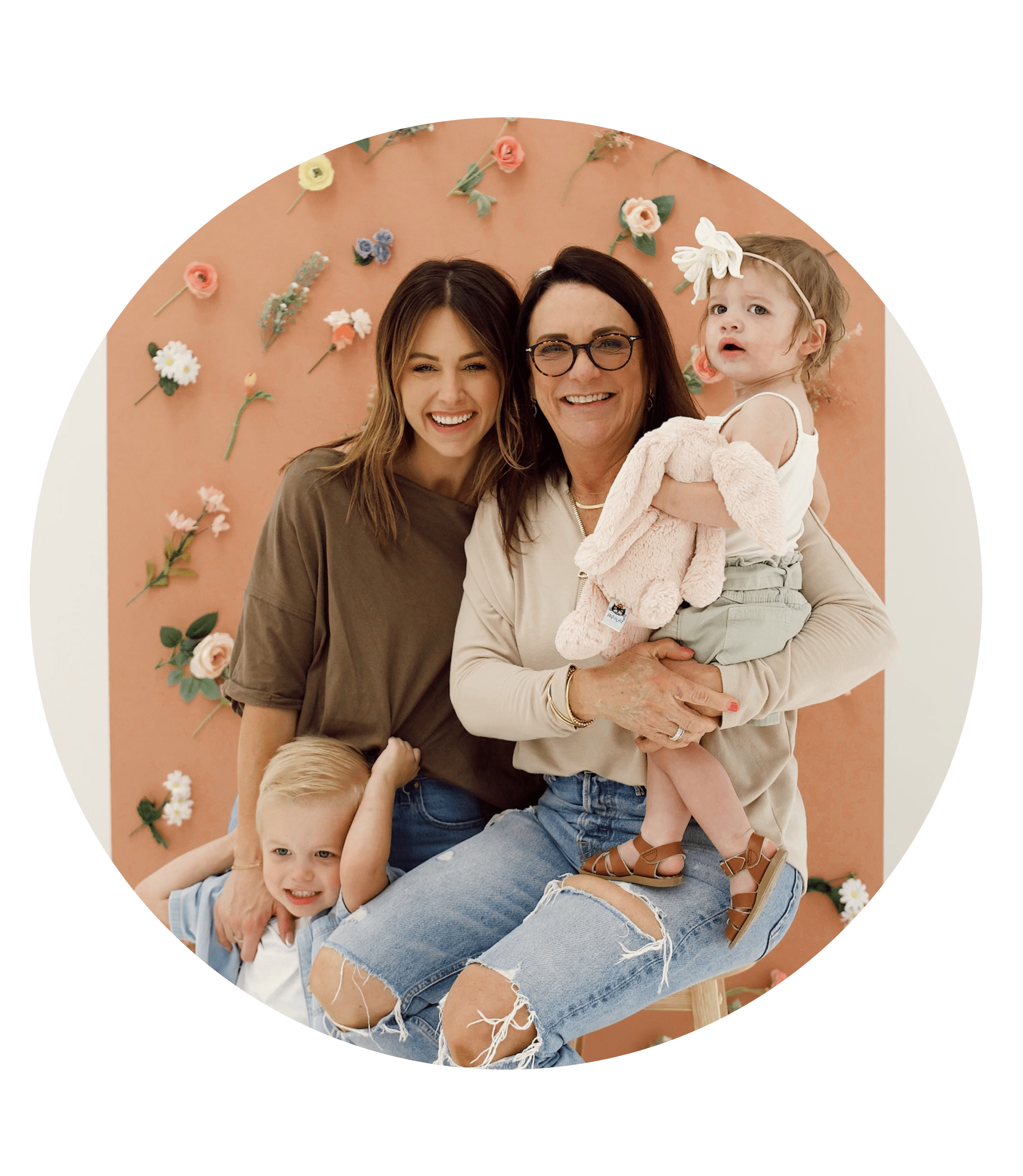 Two women with young children