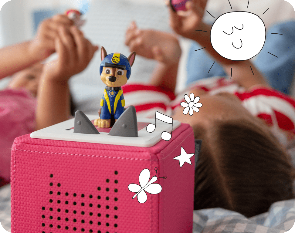 PAW Patrol Chase tonie on a pink toniebox with doodles and children
