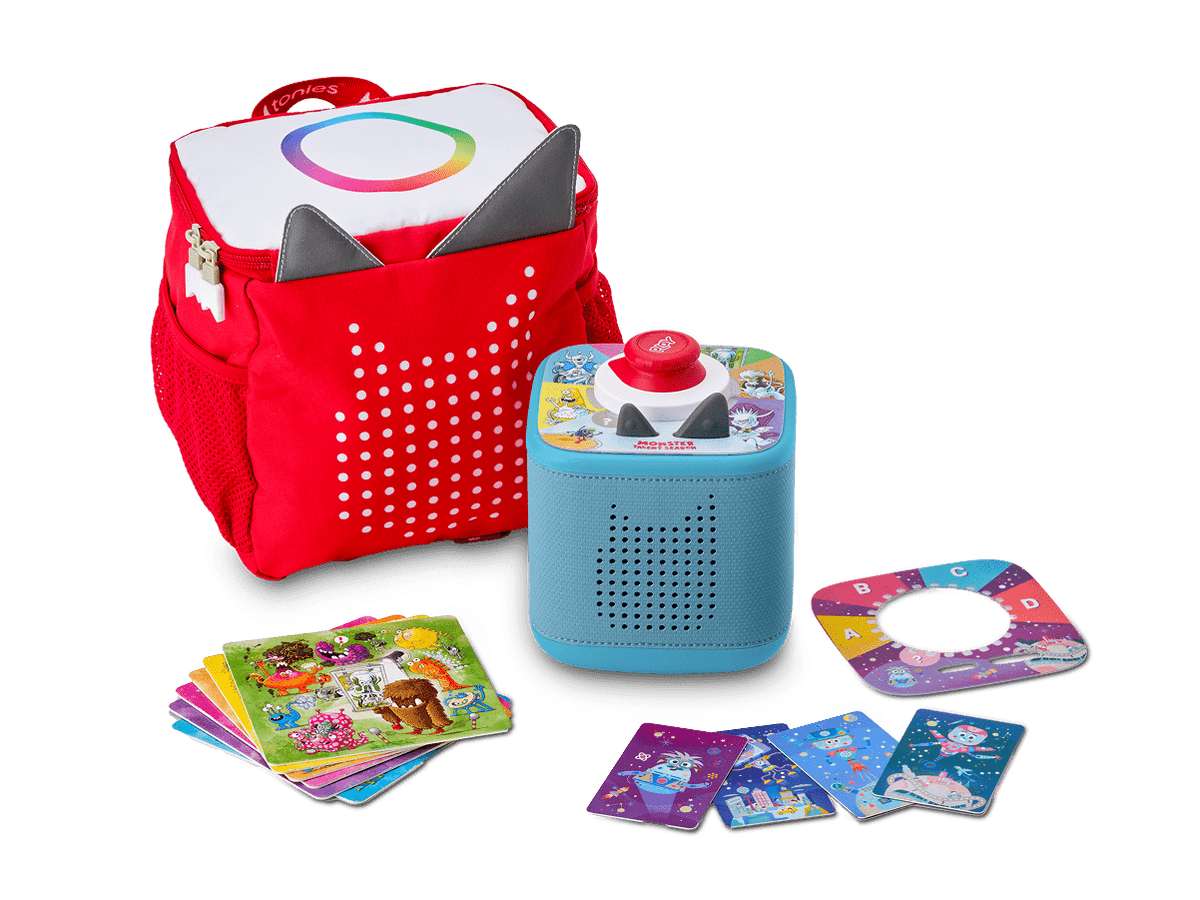 tonies originals bundle with Toniebox 2, tonieplay controller, tonies original tonieplay game, USC-C charging cable and exclusive red toniebox 2 backpack