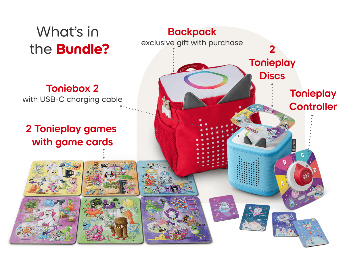 What’s in the bundle? Toniebox 2, tonieplay controller, tonies original tonieplay game, USC-C charging cable and exclusive red toniebox 2 backpack