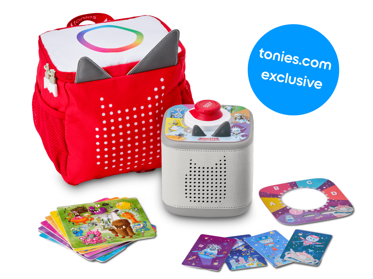 tonies originals bundle with Toniebox 2, tonieplay controller, tonies original tonieplay game, USC-C charging cable and exclusive red toniebox 2 backpack