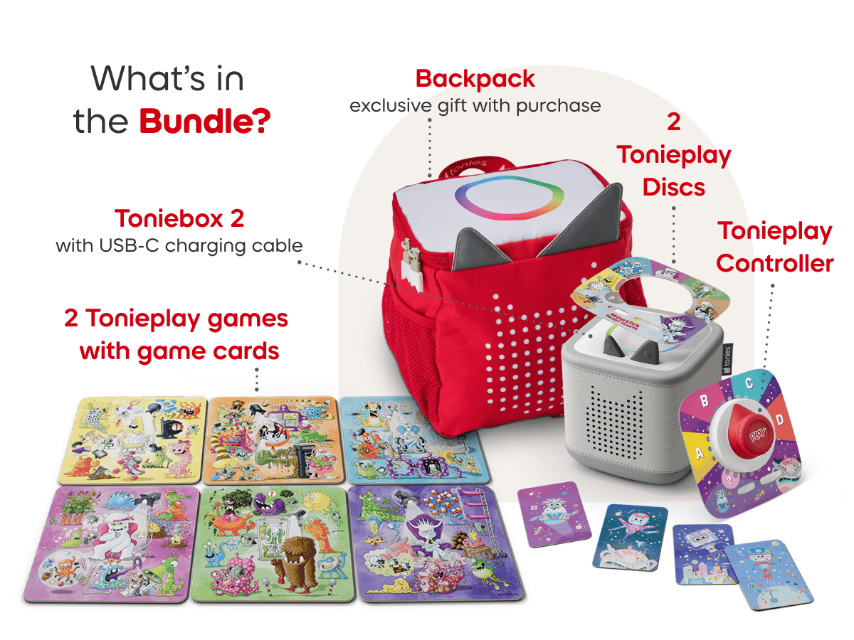 What’s in the bundle? Toniebox 2, tonieplay controller, tonies original tonieplay game, USC-C charging cable and exclusive red toniebox 2 backpack