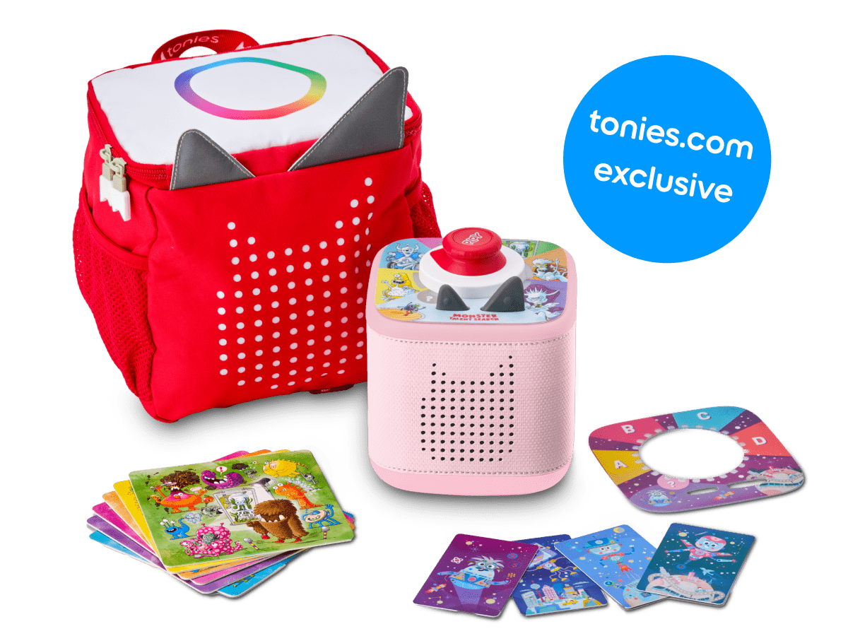 tonies originals bundle with Toniebox 2, tonieplay controller, tonies original tonieplay game, USC-C charging cable and exclusive red toniebox 2 backpack