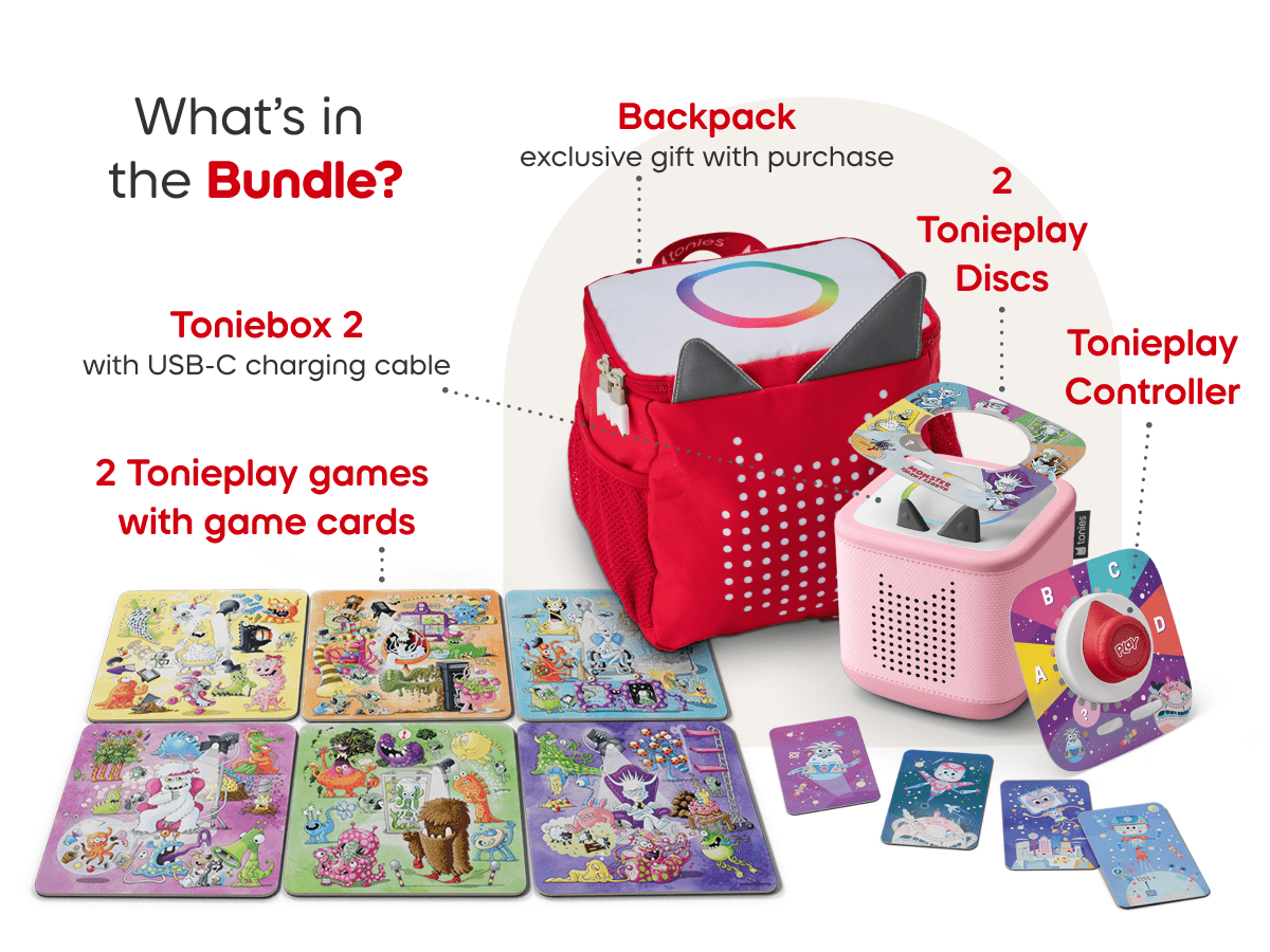 What’s in the bundle? Toniebox 2, tonieplay controller, tonies original tonieplay game, USC-C charging cable and exclusive red toniebox 2 backpack