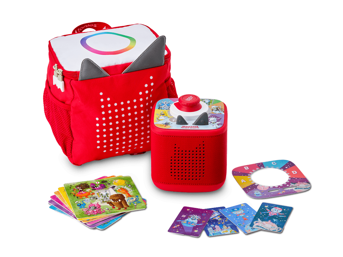 tonies originals bundle with Toniebox 2, tonieplay controller, tonies original tonieplay game, USC-C charging cable and exclusive red toniebox 2 backpack
