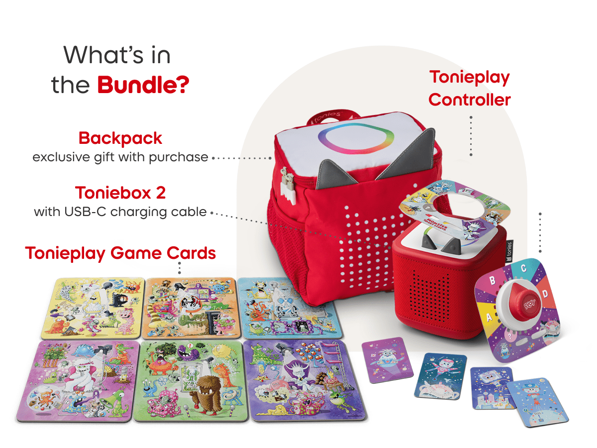 What’s in the bundle? Toniebox 2, tonieplay controller, tonies original tonieplay game, USC-C charging cable and exclusive red toniebox 2 backpack