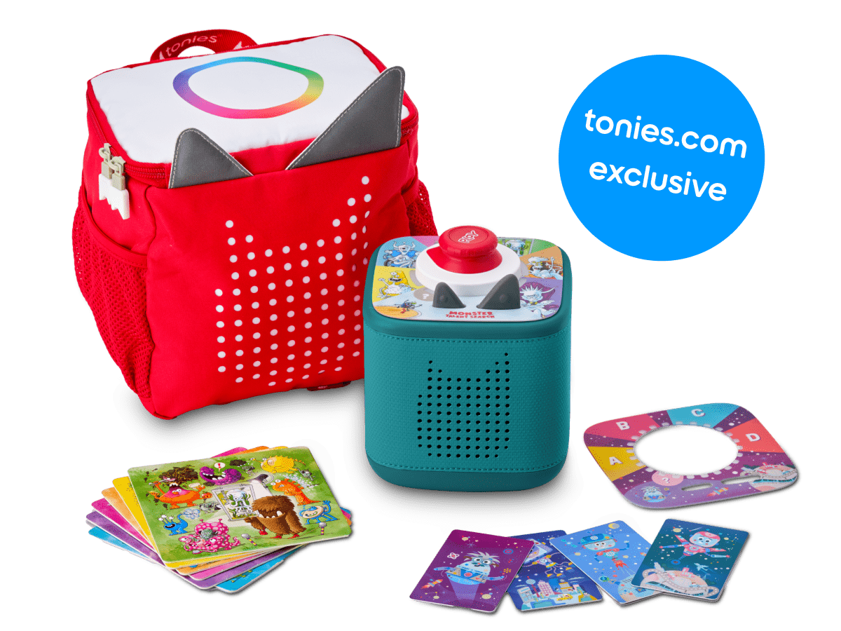 tonies originals bundle with Toniebox 2, tonieplay controller, tonies original tonieplay game, USC-C charging cable and exclusive red toniebox 2 backpack