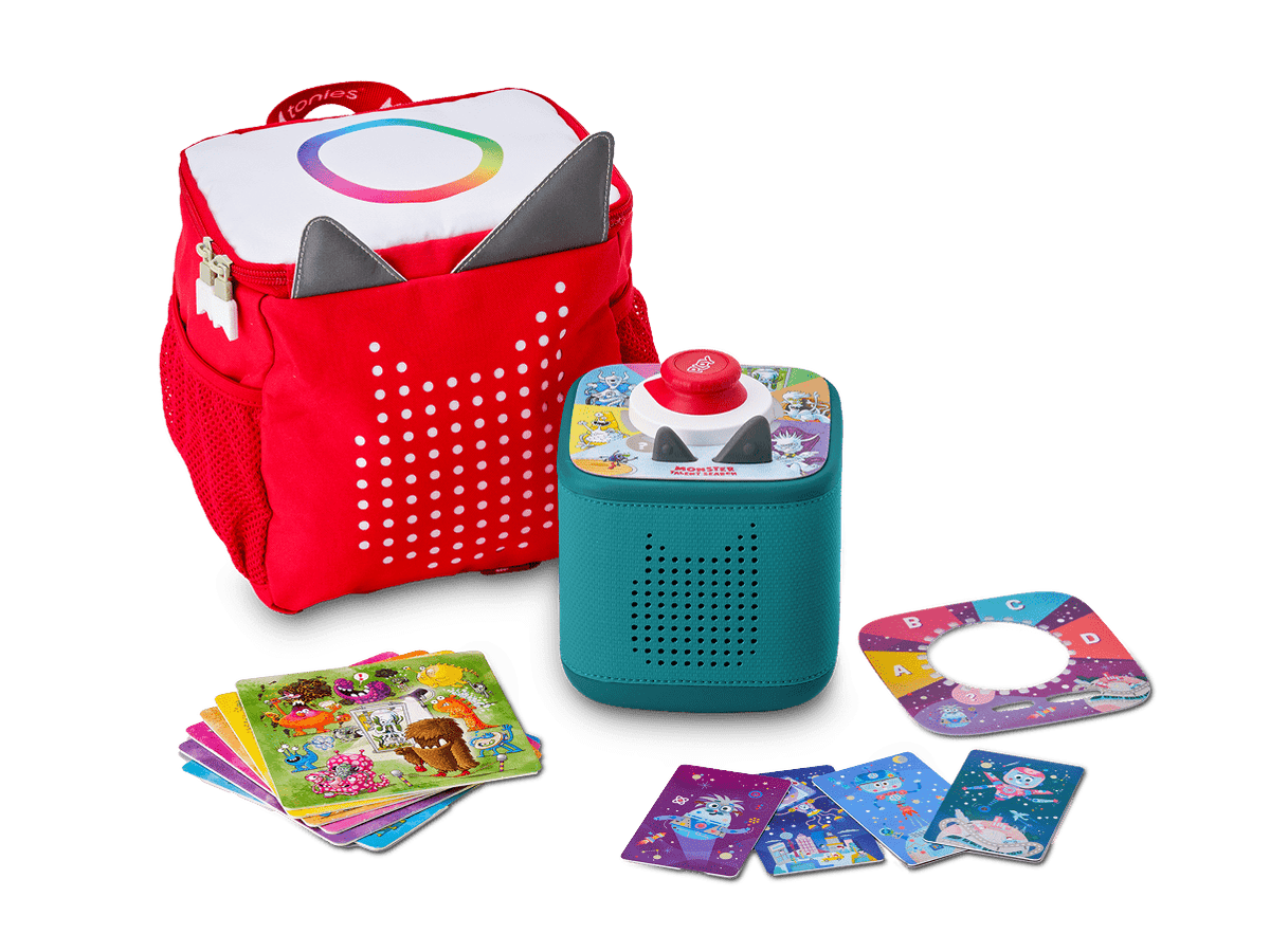 tonies originals bundle with Toniebox 2, tonieplay controller, tonies original tonieplay game, USC-C charging cable and exclusive red toniebox 2 backpack
