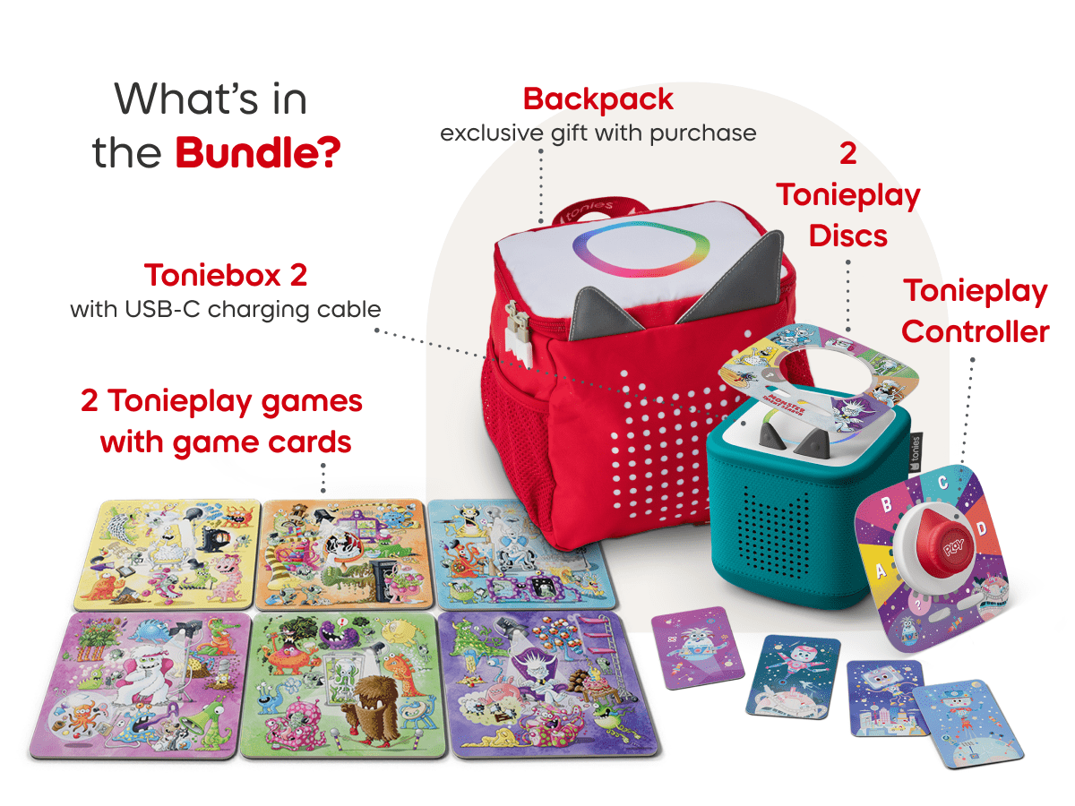 What’s in the bundle? Toniebox 2, tonieplay controller, tonies original tonieplay game, USC-C charging cable and exclusive red toniebox 2 backpack