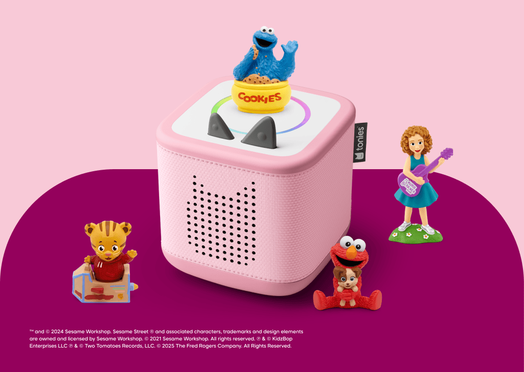 Pink Toniebox 2 with a collection of Tonies