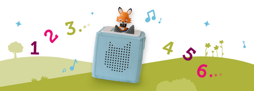 counting songs Tonie on a blue Toniebox with an illustrated meadow background