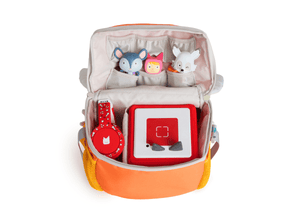 open view with tonies and toniebox inside of Lalalinos Toniebox Character Bag - Akio