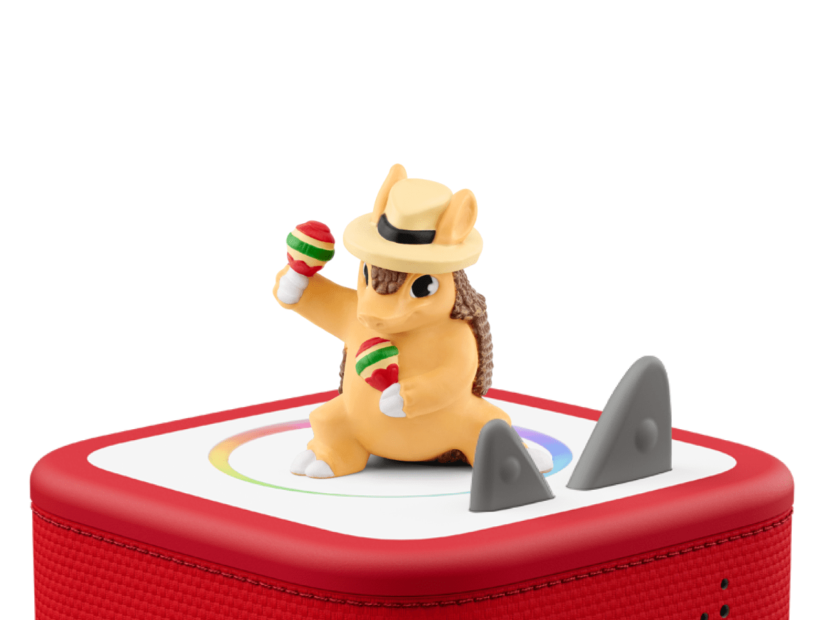 Alejandro the Armadillo Tonie on a red Toniebox 2 ready to play audio stories and songs
