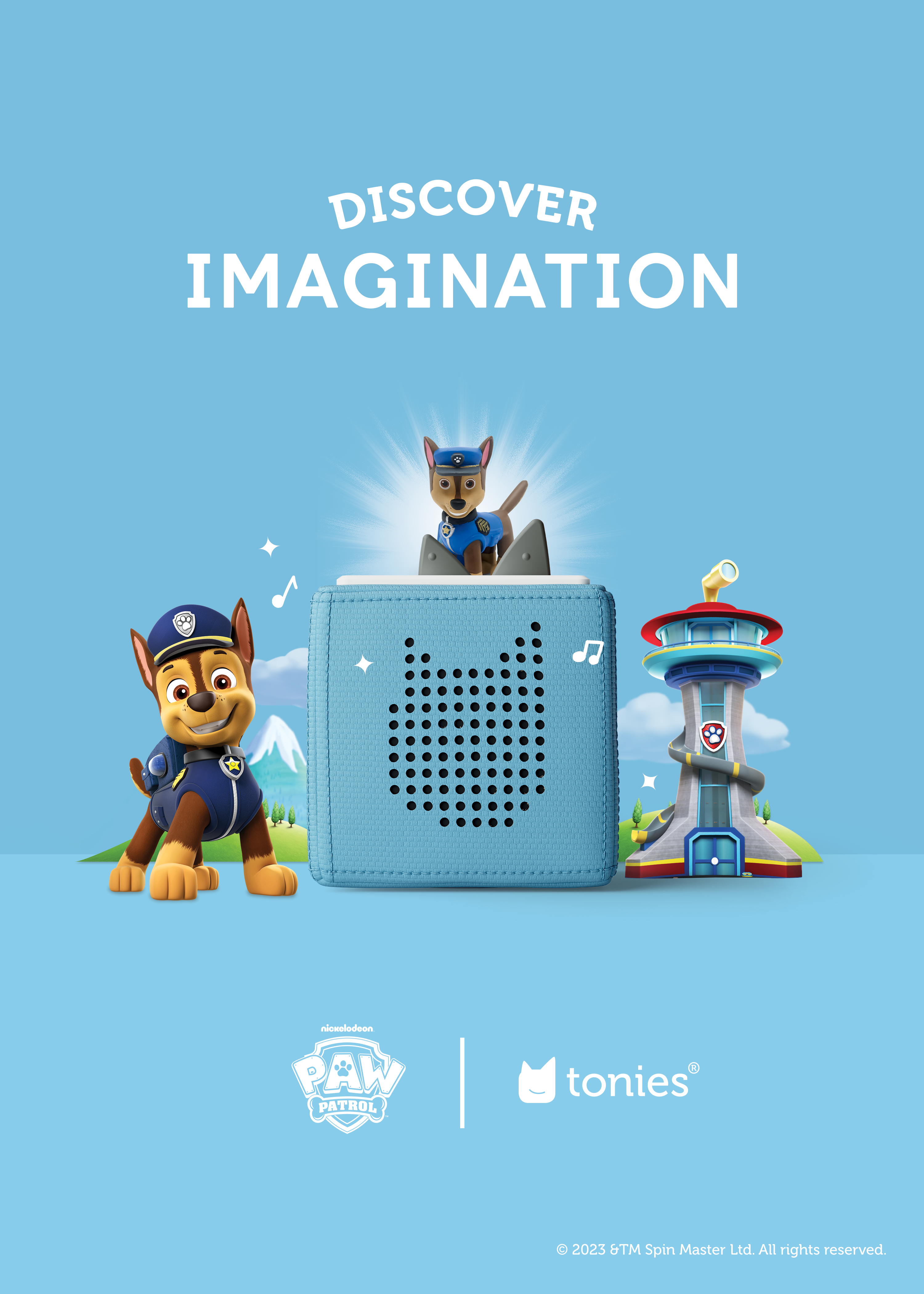 light blue toniebox with paw patrol chase tonie and doodles