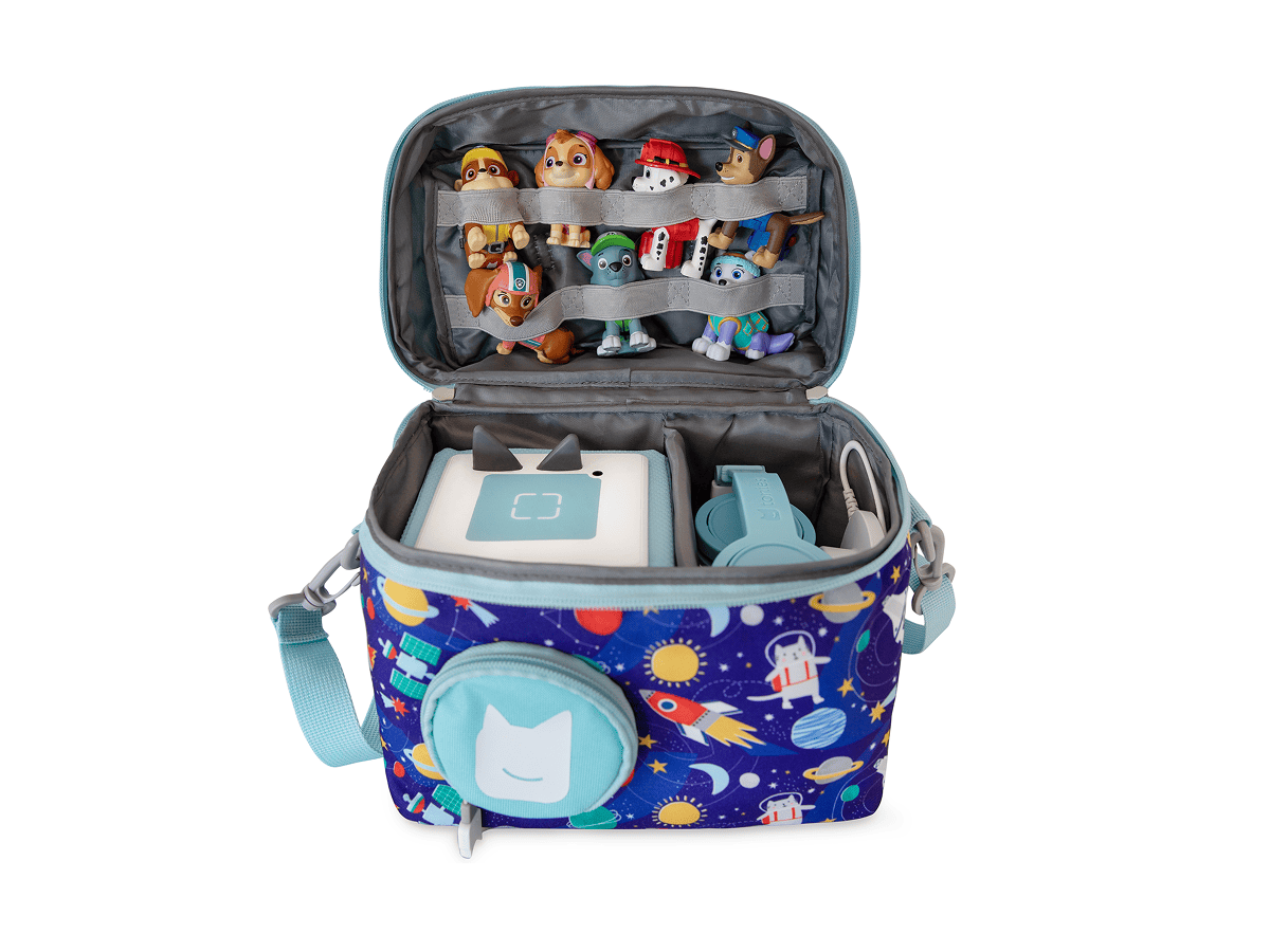 open view with a toniebox and tonie inside of the Listen & Go Bag - Blue Stargazing
