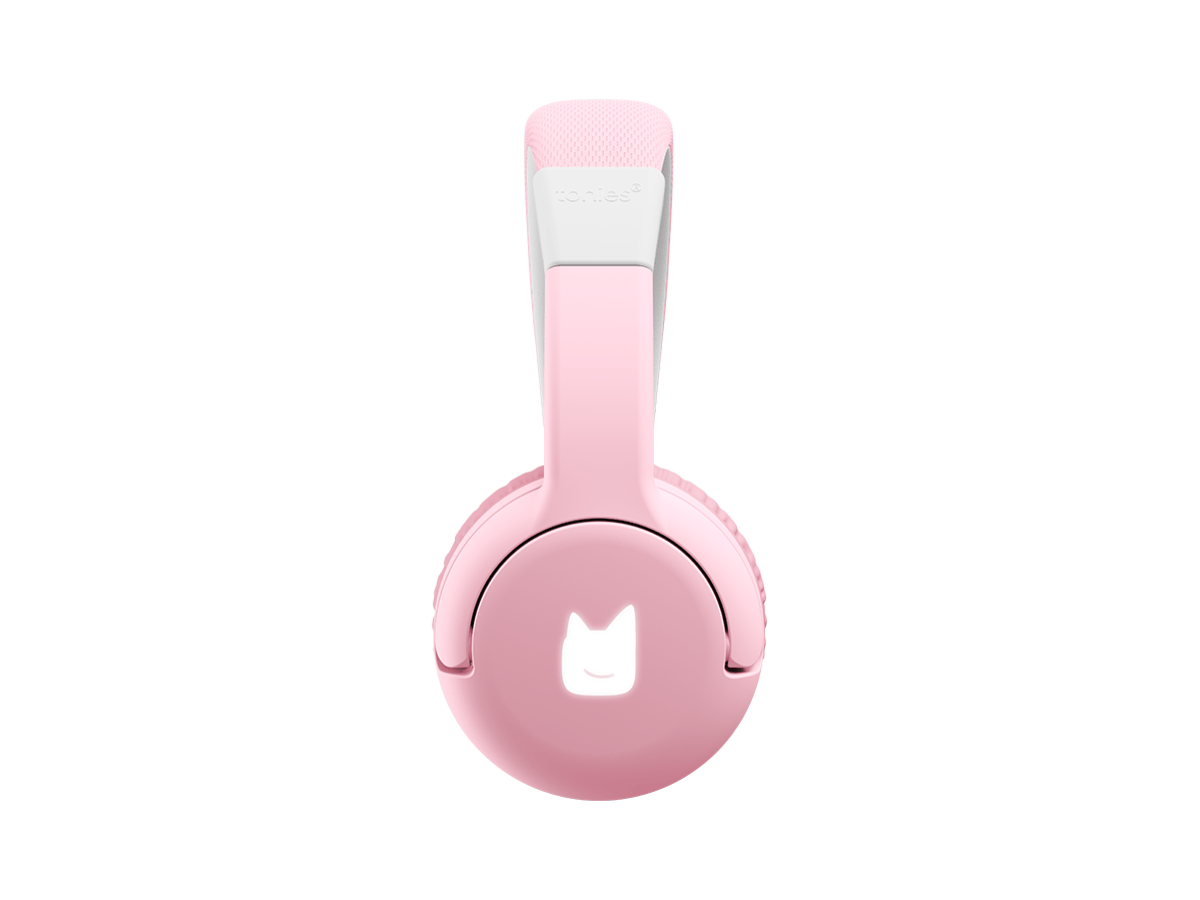Side view of the cloud pink bluetooth headphones for kids with pulsating light illuminated