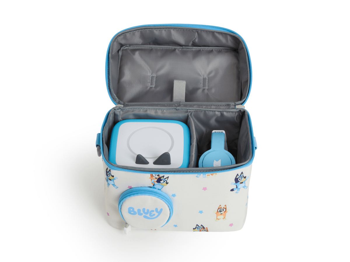bluey carrying case with toniebox 2 and headphones inside