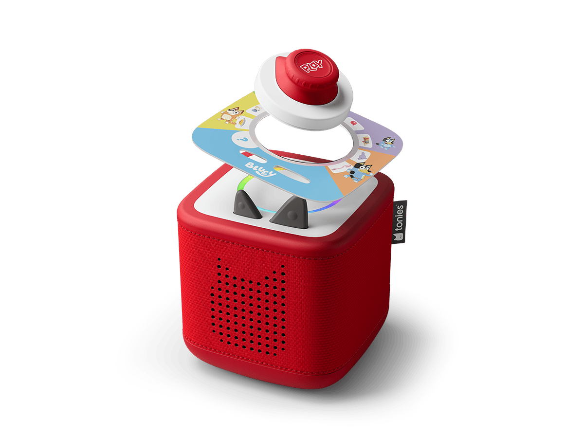 Bluey Tonieplay disc and a red toniebox 2 audio player for kids