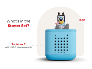 What’s in the starter set? Blue Toniebox 2, Bluey audio figurine, and USC-C charging cable