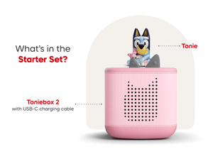 What’s in the starter set? Pink Toniebox 2, Bluey audio figurine, and USC-C charging cable