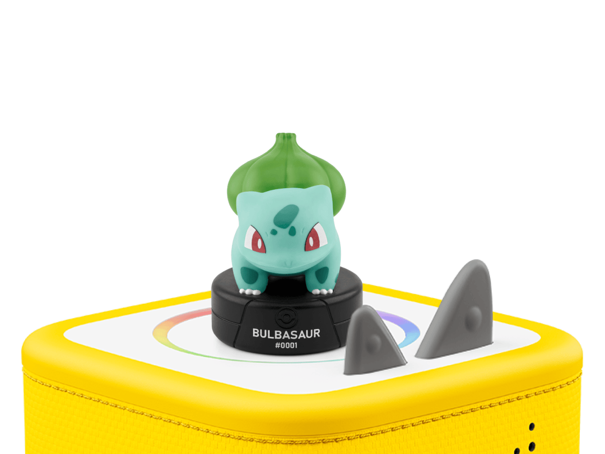 Pokémon Bulbasaur Tonie on a yellow Toniebox 2 ready to play audio stories and songs