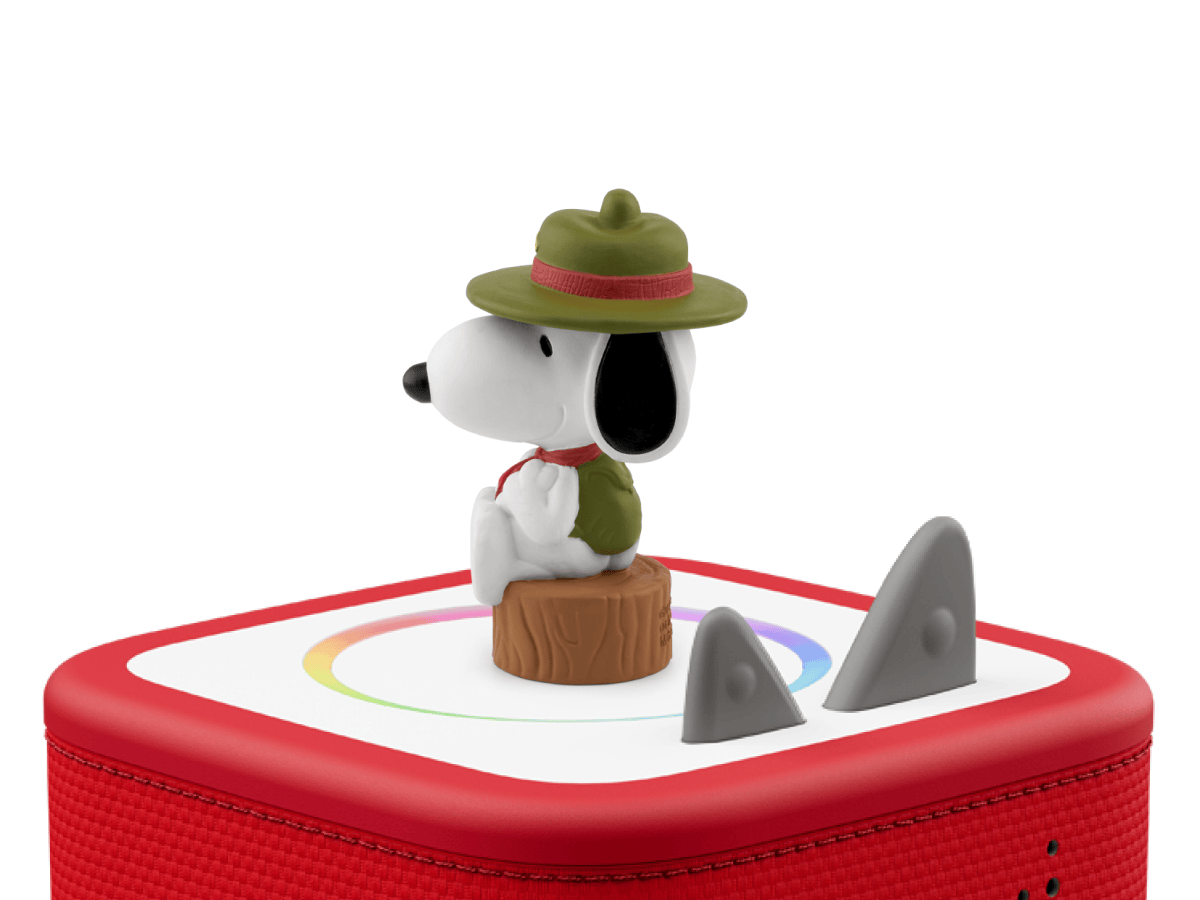 Peanuts Camp Snoopy Tonie on a red Toniebox 2 ready to play audio stories and songs