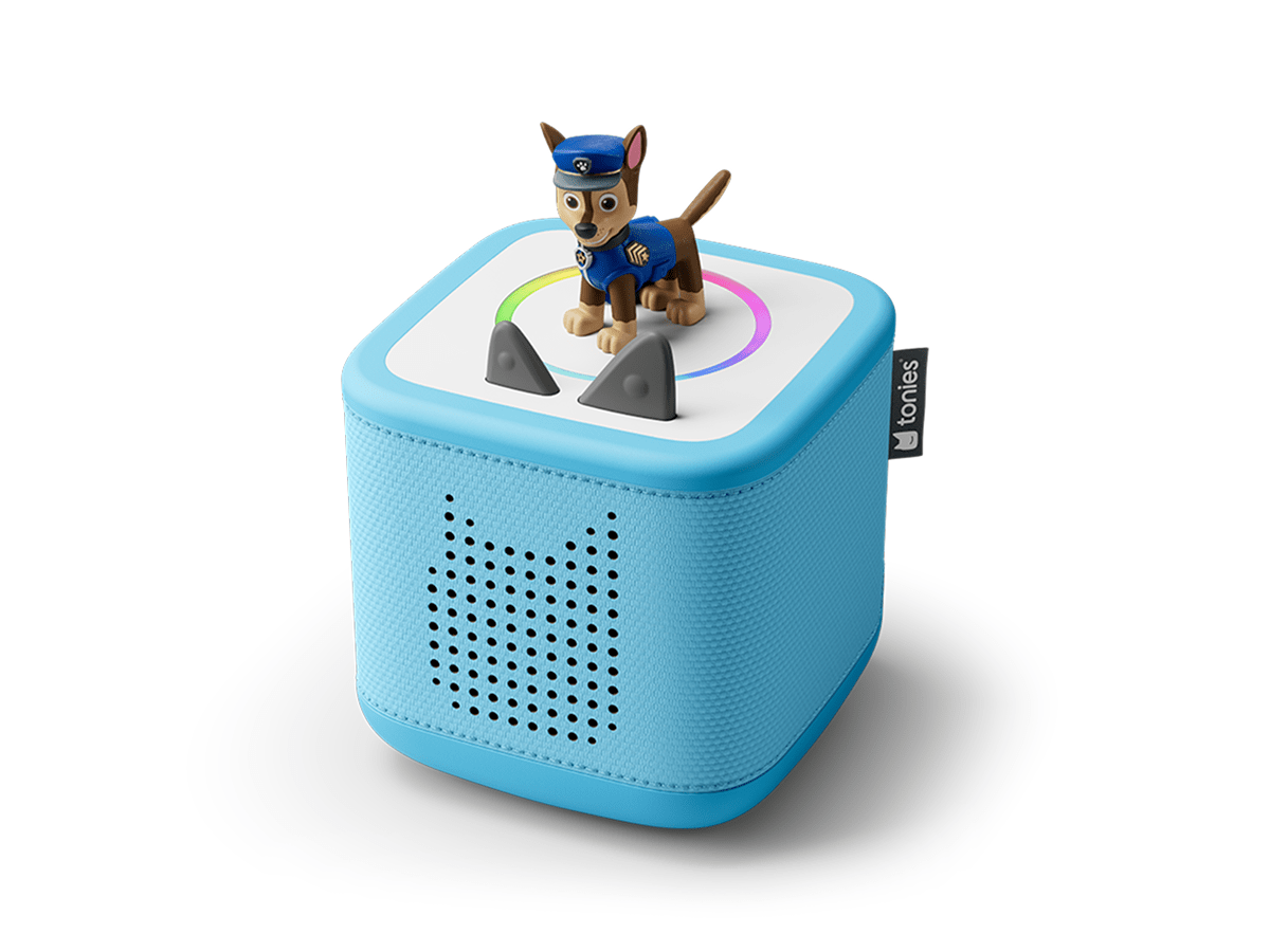 blue Toniebox 2, an audio player for kids with chase audio figurine
