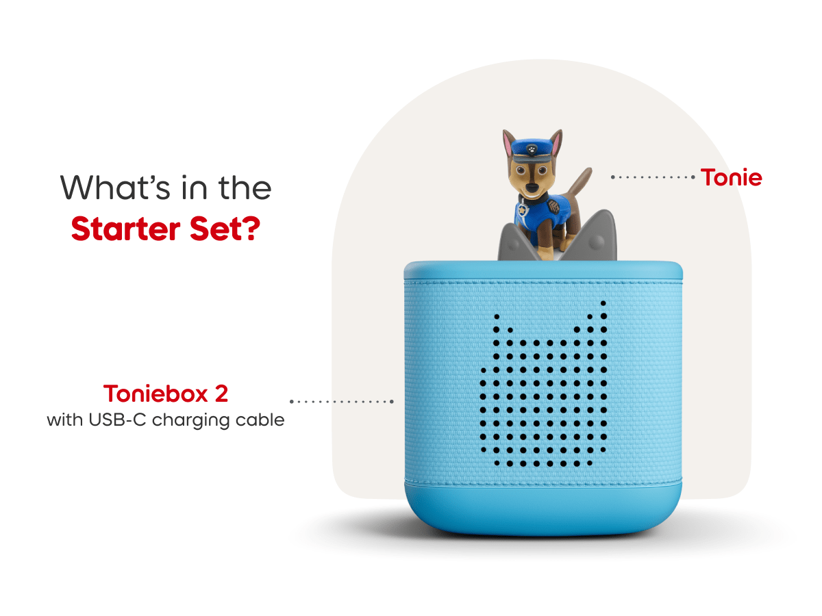 blue Toniebox 2 starter set includes chase audio figurine and usb-c charging cable