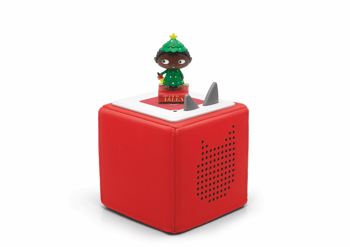 Full view of a Favorite Tales: Christmas Tales Tonie on a red Toniebox