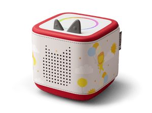 Side view of Toniebox 2 with lion, balloons, sun and clouds on it