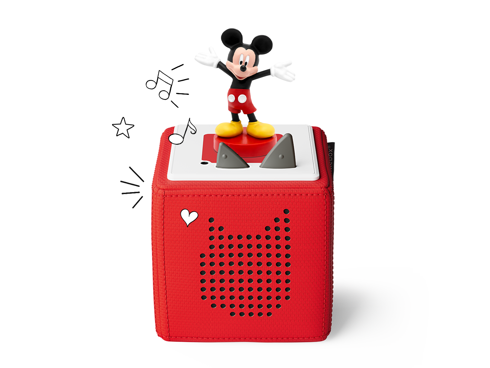 disney mickey mouse tonie on a red toniebox with doodles