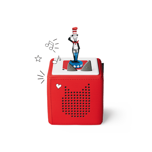 dr. seuss cat in the hat tonie on a red toniebox with doodles