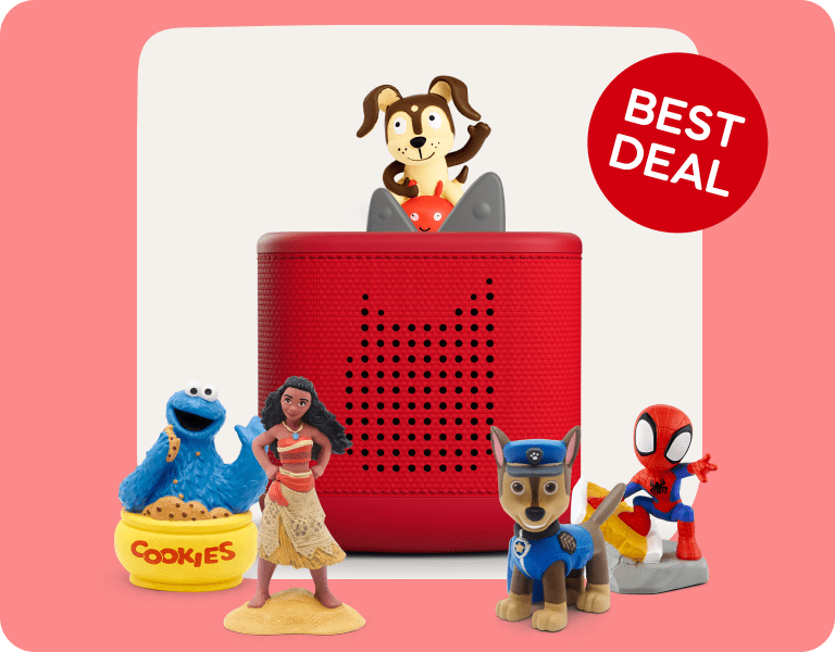 Playtime Puppy and other Tonies with a red Toniebox 2