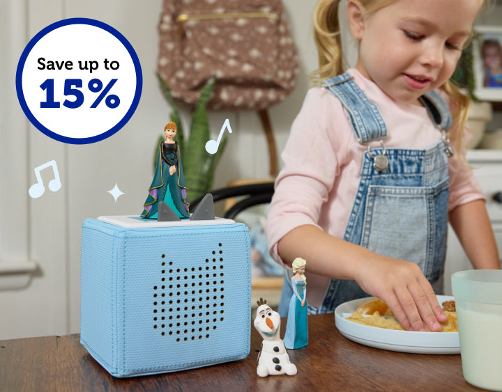 Save up to 15% when purchasing tonies sets. The Frozen 3 Piece set next to a blue Toniebox.