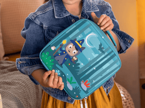 Child playing with Toniebox, Tonies, and Carrying Case Max for Tonies - Enchanted Forest