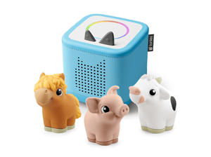 Blue Toniebox 2, an audio player for kids with My Furst Tonies Farm Set audio figurines