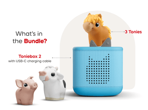 What’s in the starter set? Blue Toniebox 2,My First Tonies Farm Set audio figurines, and USC-C charging cable