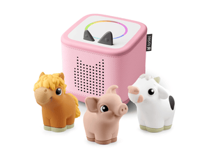 Pink Toniebox 2, an audio player for kids with My Furst Tonies Farm Set audio figurines