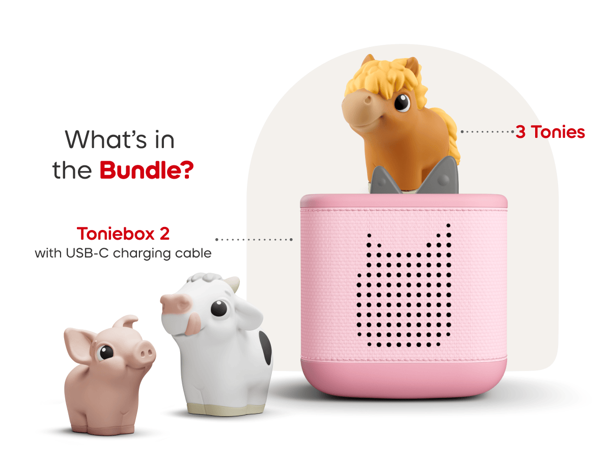 What’s in the starter set? Pink Toniebox 2,My First Tonies Farm Set audio figurines, and USC-C charging cable